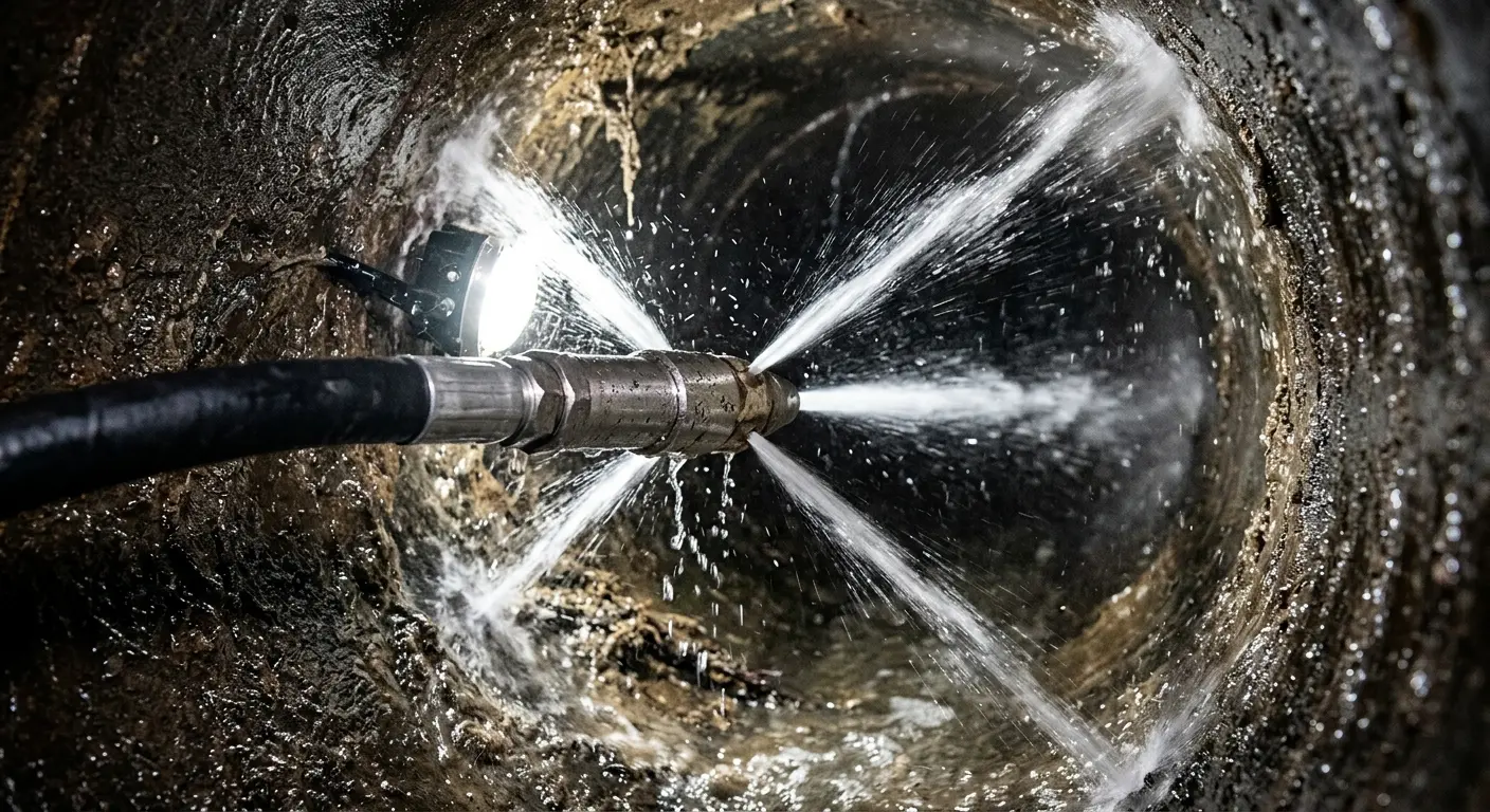 High-pressure hydro jetting nozzle cleaning sewer pipe for Storm Drain Cleaning in Fitchburg