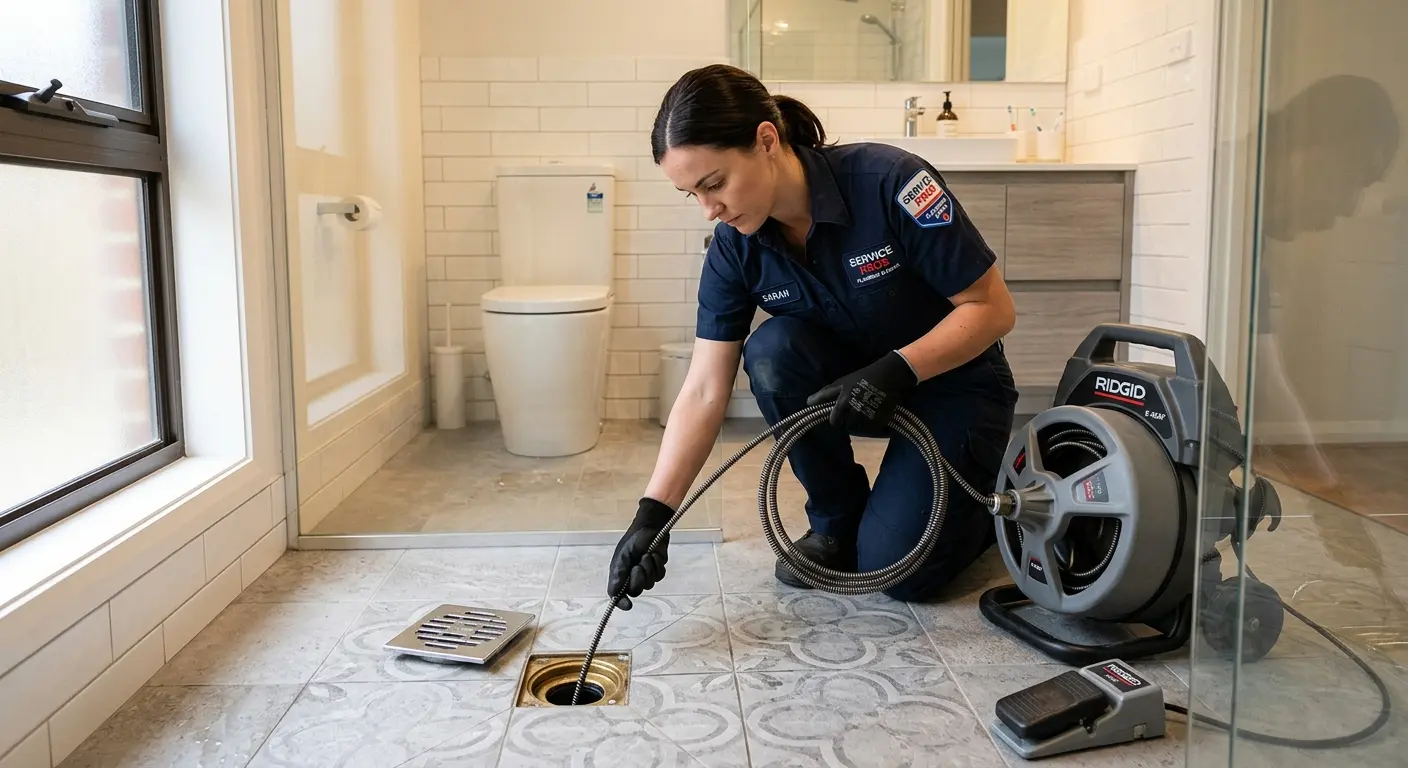 Technician clearing a bathroom floor drain for Sewer Line Installation in Fitchburg